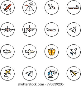 line vector icon set - plane vector, runway, arrival, baggage truck, boarding passengers, small, paper fly, butterfly, kite, helicopter toy