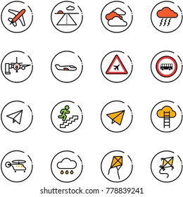 line vector icon set - plane vector, runway, clouds, storm, boarding passengers, small, airport road sign, no bus, paper fly, career, cloud ladder, helicopter, rain, kite