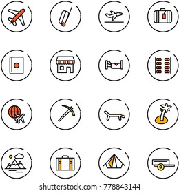 line vector icon set - plane vector, suitcase, departure, passport, duty free, hotel, seats, globe, job, lounger, palm, mountains, tent, trailer