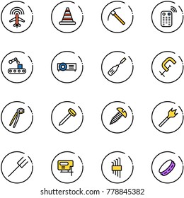 line vector icon set - plane radar vector, road cone, rock axe, remote control, conveyor, projector, chisel, clamp, plumber, nail, screw, wood drill, farm fork, jig saw, allen key set, tambourine