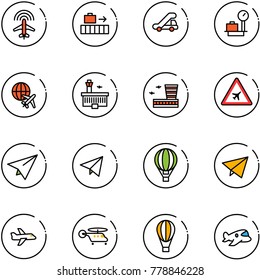 line vector icon set - plane radar vector, baggage, trap truck, scales, globe, airport building, road sign, paper, fly, air balloon, helicopter, toy