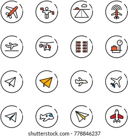 line vector icon set - plane vector, traffic controller, runway, radar, departure, helicopter, seats, baggage scales, paper fly, toy