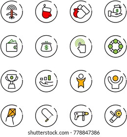 line vector icon set - plane radar vector, christmas glove, gloves, investment, wallet, purse, hand cursor, friends, cup, growth, success, kite, fretsaw, drill machine, Angular grinder