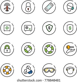 line vector icon set - plane radar vector, lock, medical patch, mask, safe, locked, lifebuoy, key hand, recycling, protective glasses, protect glass