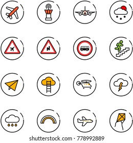 line vector icon set - plane vector, airport tower, snowfall, road sign, abrupt turn right, no bus, career, paper fly, cloud ladder, helicopter, storm, rain, rainbow, kite