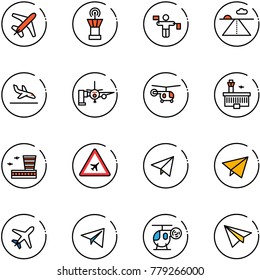 line vector icon set - plane vector, airport tower, traffic controller, runway, arrival, boarding passengers, helicopter, building, road sign, paper fly, toy