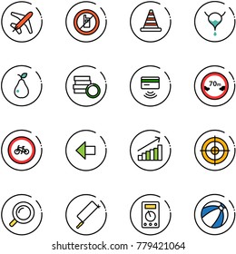 line vector icon set - plane vector, no mobile sign, road cone, bladder, pear, coin, tap pay, limited distance, bike, left arrow, growth, target, magnifier, metal hacksaw, multimeter, beach ball