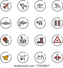 line vector icon set - plane vector, traffic controller, departure, arrival, boarding passengers, helicopter, seats, globe, airport building, road sign, paper fly, jointer, toy