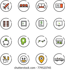 line vector icon set - plane vector, waiting area, vip, ticket, seats, safe, annual report, monitor cursor, piggy bank, head bulb, chart point arrow, store, speaker, money smile, atm map pin, cabrio