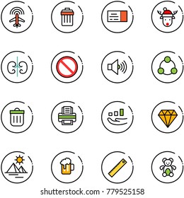 line vector icon set - plane radar vector, trash bin, ticket, christmas deer hat, kidneys, prohibition road sign, volume max, social, printer, growth, diamond, pyramid, beer, ruler, bear toy