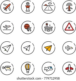 line vector icon set - plane vector, airport tower, runway, radar, departure, globe, building, road sign, paper, fly, helicopter, air balloon, toy