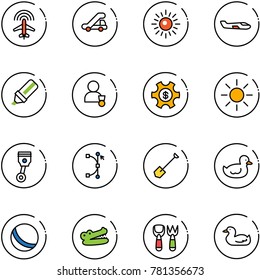 line vector icon set - plane radar vector, trap truck, sun, small, highlight marker, winner, money managemet, piston, bezier, shovel, duck toy, ball, crocodile, fork
