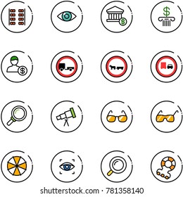 line vector icon set - plane seats vector, eye, account, bank, no trailer road sign, cart horse, truck overtake, magnifier, telescope, sunglasses, parasol, scanner, teethers