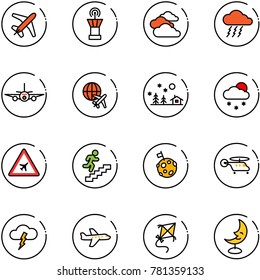 line vector icon set - plane vector, airport tower, clouds, storm, globe, christmas landscape, snowfall, road sign, career, moon flag, helicopter, kite, lamp