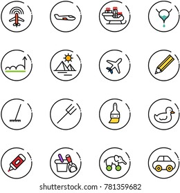 line vector icon set - plane radar vector, small, santa sleigh, bladder, growth, pyramid, pencil, rake, farm fork, brush, duck toy, marker, shovel bucket, elephant wheel, car
