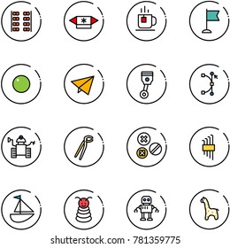 line vector icon set - plane seats vector, candy, tea, flag, record, paper fly, piston, bezier, robot, plumber, rivet, allen key set, sailboat toy, pyramid, giraffe