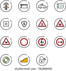 line vector icon set - plane radar vector, barrier, safety car, first aid room, safe, pedestrian road sign, railway intersection, cow, prohibition, limited height, no overtake, lifebuoy, stairs