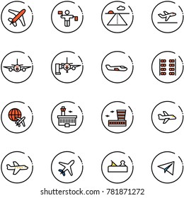 line vector icon set - plane vector, traffic controller, runway, departure, boarding passengers, small, seats, globe, airport building, jointer, paper