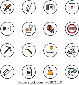 line vector icon set - plane vector, suitcase, passport, hotel, baggage scales, globe, customs road sign, job, rock axe, lounger, mountains, sand castle, helicopter toy