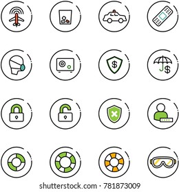 line vector icon set - plane radar vector, trash, safety car, medical patch, mask, safe, insurance, locked, unlocked, shield cross, user password, lifebuoy, protective glasses