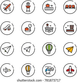 line vector icon set - plane vector, airport tower, baggage, waiting area, trap truck, scales, building, paper, fly, air balloon, helicopter toy
