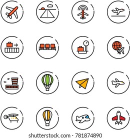 line vector icon set - plane vector, runway, radar, departure, baggage, waiting area, scales, globe, airport building, air balloon, paper fly, helicopter, toy