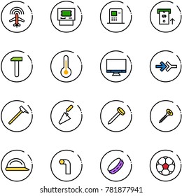 line vector icon set - plane radar vector, atm, work, thermometer, monitor, connect, mason hammer, trowel, nail, screw, construction helmet, allen key, tambourine, soccer ball