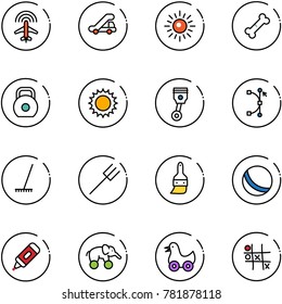 line vector icon set - plane radar vector, trap truck, sun, broken bone, weight, piston, bezier, rake, farm fork, brush, ball, marker, elephant wheel, toy duck, Tic tac toe