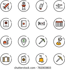 line vector icon set - plane vector, airport tower, suitcase, departure, passport, hotel, schedule, baggage scales, dollar pin, job, palm, sand castle, axe