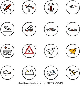 line vector icon set - plane vector, traffic controller, radar, departure, arrival, trap truck, small, airport building, road sign, paper, fly, jointer, toy