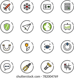 line vector icon set - plane vector, snowflake, credit card, calculator, shield, paper, globe, presentation chart, luck, tulip, eye scanner, standby button, chat, pliers, bolt, Tic tac toe