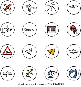 line vector icon set - plane vector, traffic controller, runway, departure, boarding passengers, small, schedule, globe, side wind road sign, paper fly, kite, helicopter toy, beach ball