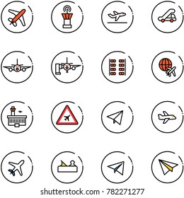 line vector icon set - plane vector, airport tower, departure, trap truck, boarding passengers, seats, globe, building, road sign, paper fly, jointer