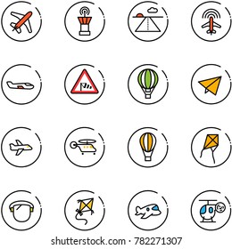 line vector icon set - plane vector, airport tower, runway, radar, small, side wind road sign, air balloon, paper fly, helicopter, kite, protect glass, toy