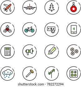 line vector icon set - plane vector, christmas tree, ball, holly, bike, cash, mobile payment, calculator, megaphone, highlight marker, flower, snow, nail, toy windmill, cube hole
