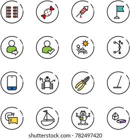 line vector icon set - plane seats vector, candy, firework rocket, flag, user login, check, beach, bezier, mobile phone, robot, pliers, rake, machine tool, sailboat toy, constructor blocks