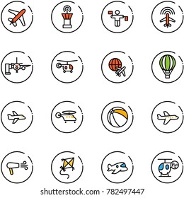 line vector icon set - plane vector, airport tower, traffic controller, radar, boarding passengers, helicopter, globe, air balloon, ball, dryer, kite, toy