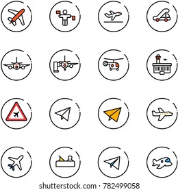 line vector icon set - plane vector, traffic controller, departure, trap truck, boarding passengers, helicopter, airport building, road sign, paper fly, jointer, toy