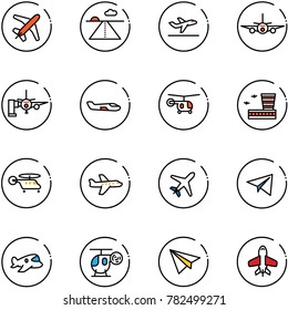 line vector icon set - plane vector, runway, departure, boarding passengers, small, helicopter, airport building, paper, toy