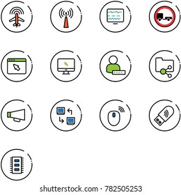 line vector icon set - plane radar vector, antenna, diagnostic monitor, no trailer road sign, cursor browser, user password, shared folder, loudspeaker, data exchange, mouse wireless, usb wi fi