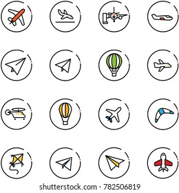 line vector icon set - plane vector, arrival, boarding passengers, small, paper, fly, air balloon, helicopter, boomerang, kite, toy