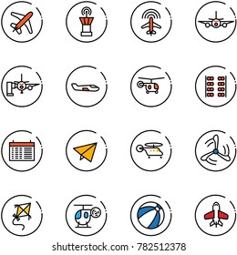 line vector icon set - plane vector, airport tower, radar, boarding passengers, small, helicopter, seats, schedule, paper fly, wind mill, kite, toy, beach ball