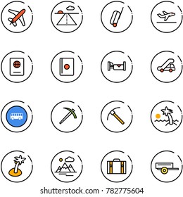 line vector icon set - plane vector, runway, suitcase, departure, passport, hotel, trap truck, bus road sign, job, rock axe, palm, mountains, trailer