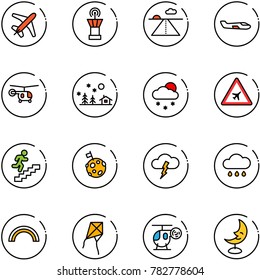 line vector icon set - plane vector, airport tower, runway, small, helicopter, christmas landscape, snowfall, road sign, career, moon flag, storm, rain cloud, rainbow, kite, toy, lamp