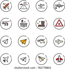 line vector icon set - plane vector, runway, departure, boarding passengers, helicopter, airport building, road sign, paper fly, toy