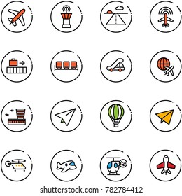 line vector icon set - plane vector, airport tower, runway, radar, baggage, waiting area, trap truck, globe, building, paper, air balloon, fly, helicopter, toy