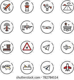 line vector icon set - plane vector, airport tower, traffic controller, runway, radar, boarding passengers, small, building, road sign, paper fly, helicopter, jointer, toy