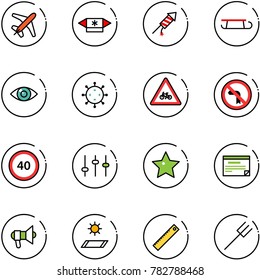 line vector icon set - plane vector, candy, firework rocket, sleigh, eye, virus, road for moto sign, no left turn, speed limit 40, settings, star, schedule, megaphone, mat, ruler, farm fork