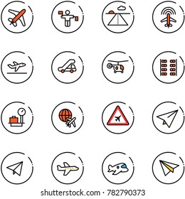line vector icon set - plane vector, traffic controller, runway, radar, departure, trap truck, helicopter, seats, baggage scales, globe, airport road sign, paper, fly, toy