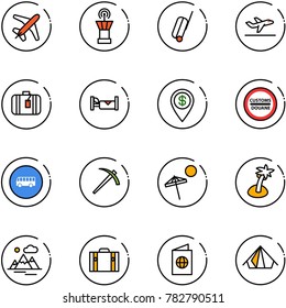 line vector icon set - plane vector, airport tower, suitcase, departure, hotel, dollar pin, customs road sign, bus, job, beach, palm, mountains, passport, tent